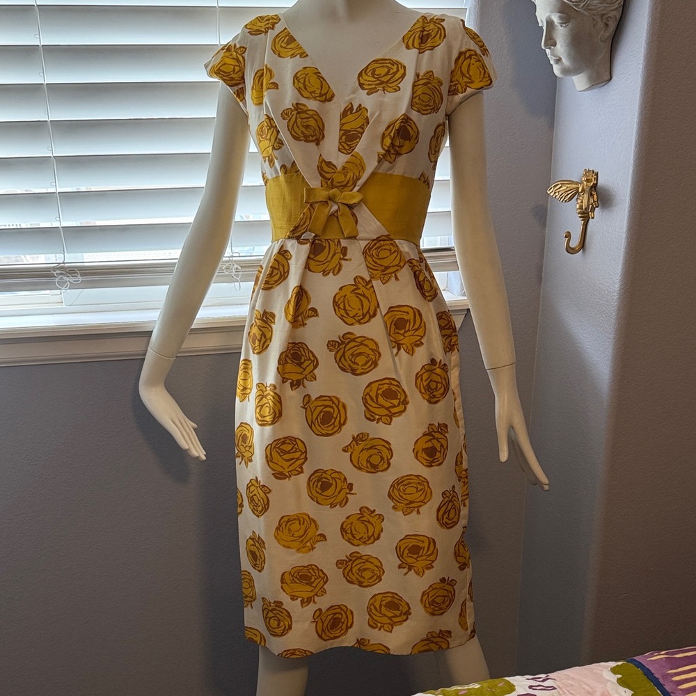 Vintage Neiman Marcus Yellow Rose Print Cutout Midi Dress